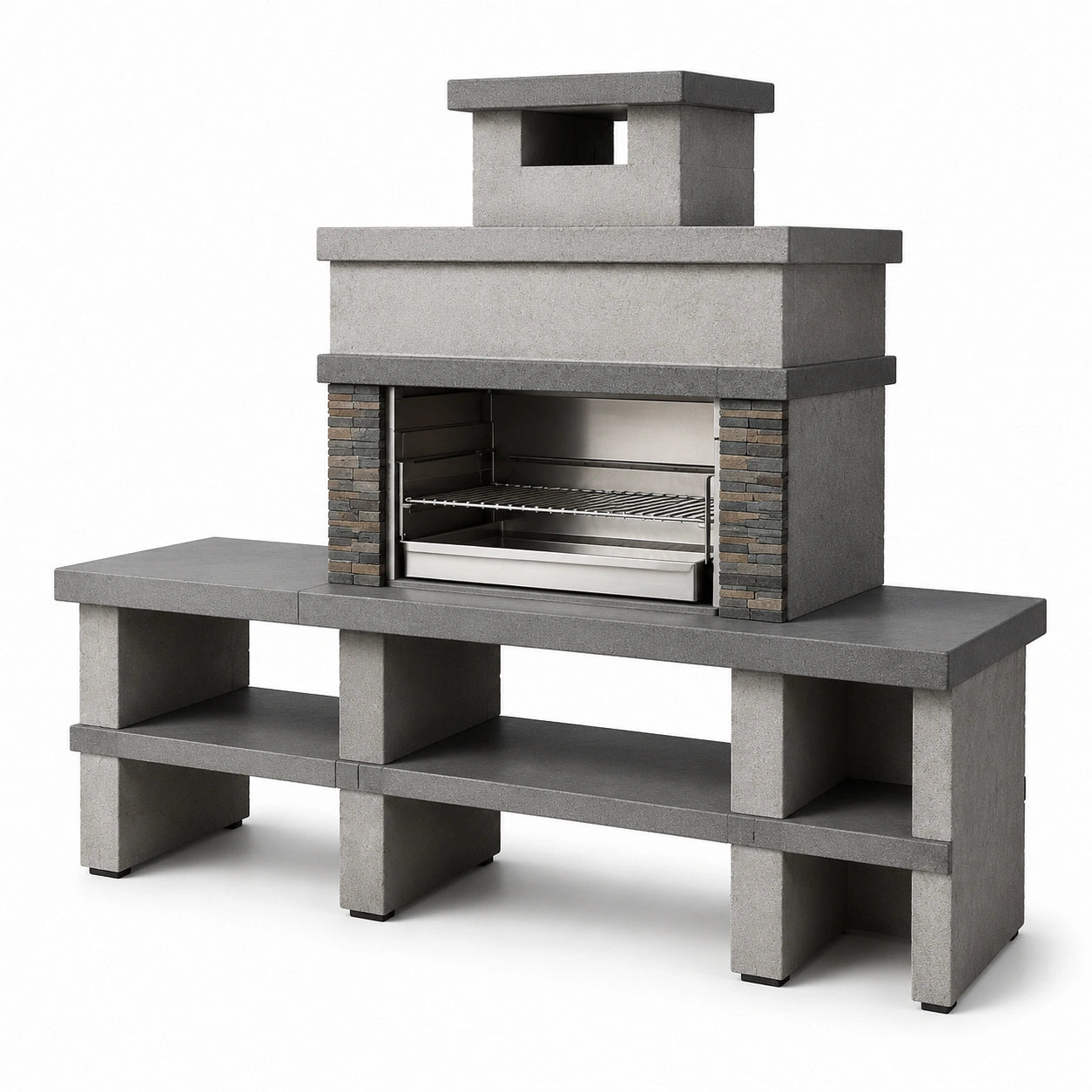 Barbecue in cemento con griglia in acciaio inox grigio