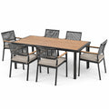 Set pranzo da esterno con tavolo in legno di teak e sedie in metallo e corda sintetica