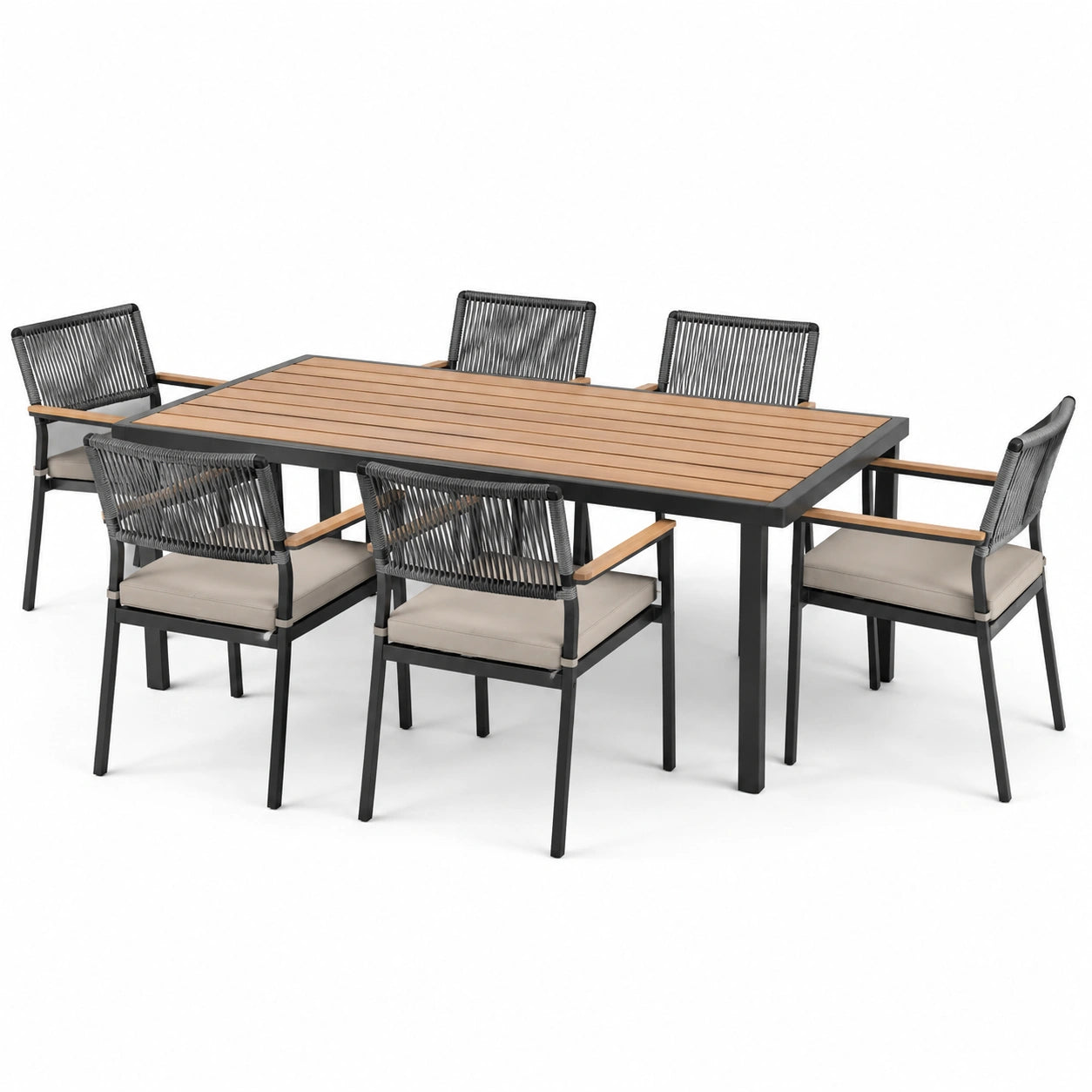 Set pranzo da esterno con tavolo in legno di teak e sedie in metallo e corda sintetica