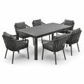 Set da pranzo in alluminio e polyrattan con cuscini grigi, 6 sedie e tavolo rettangolare