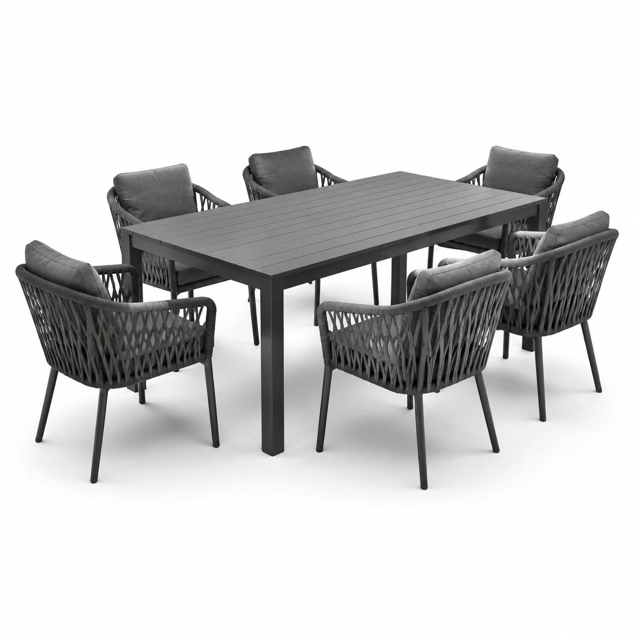 Set da pranzo in alluminio e polyrattan con cuscini grigi, 6 sedie e tavolo rettangolare