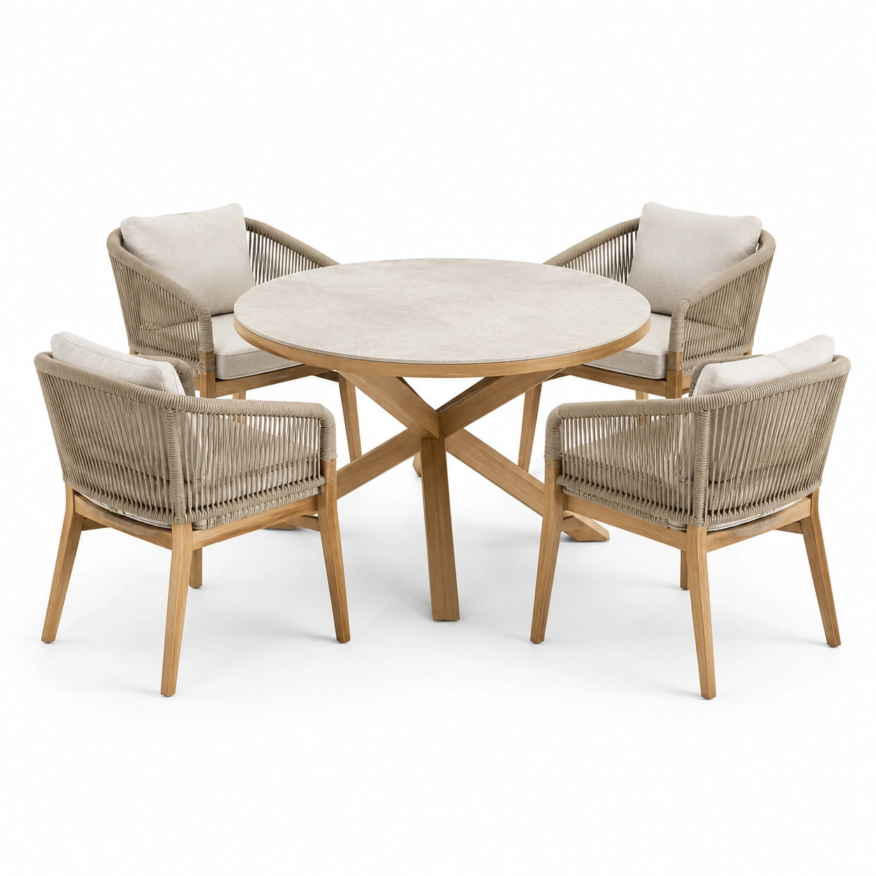 Set da pranzo in legno di teak con tavolo rotondo e 4 sedie in corda, Ø 120 cm, beige