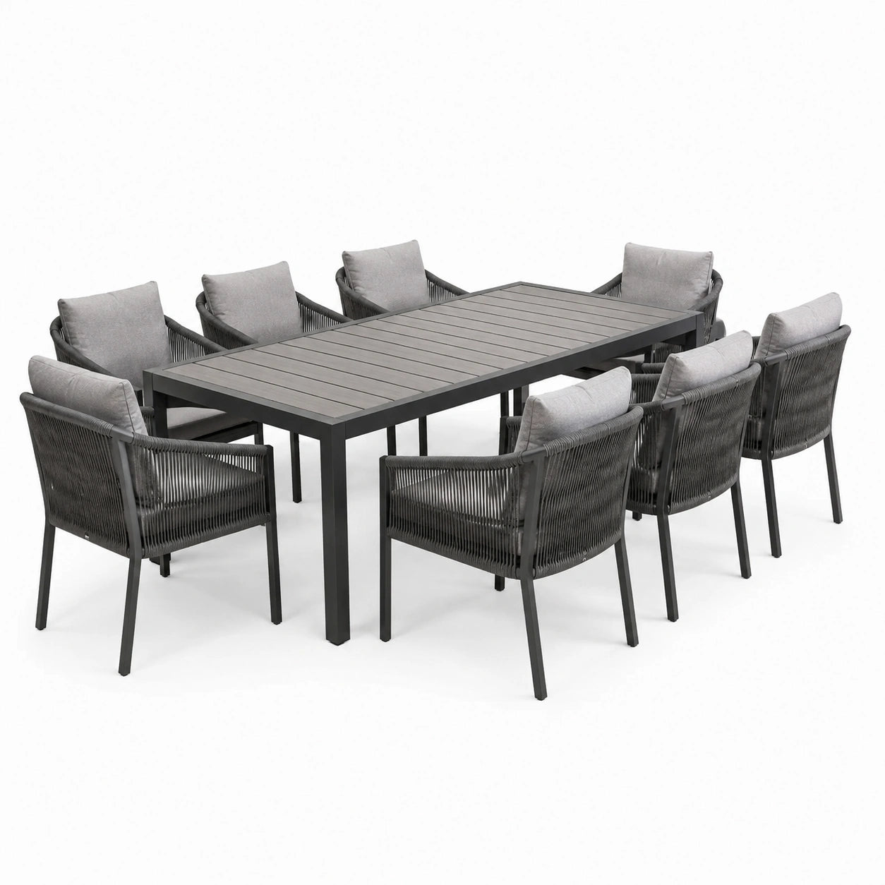 Set da pranzo esterno 8 posti in alluminio con sedie in corda e cuscini grigi