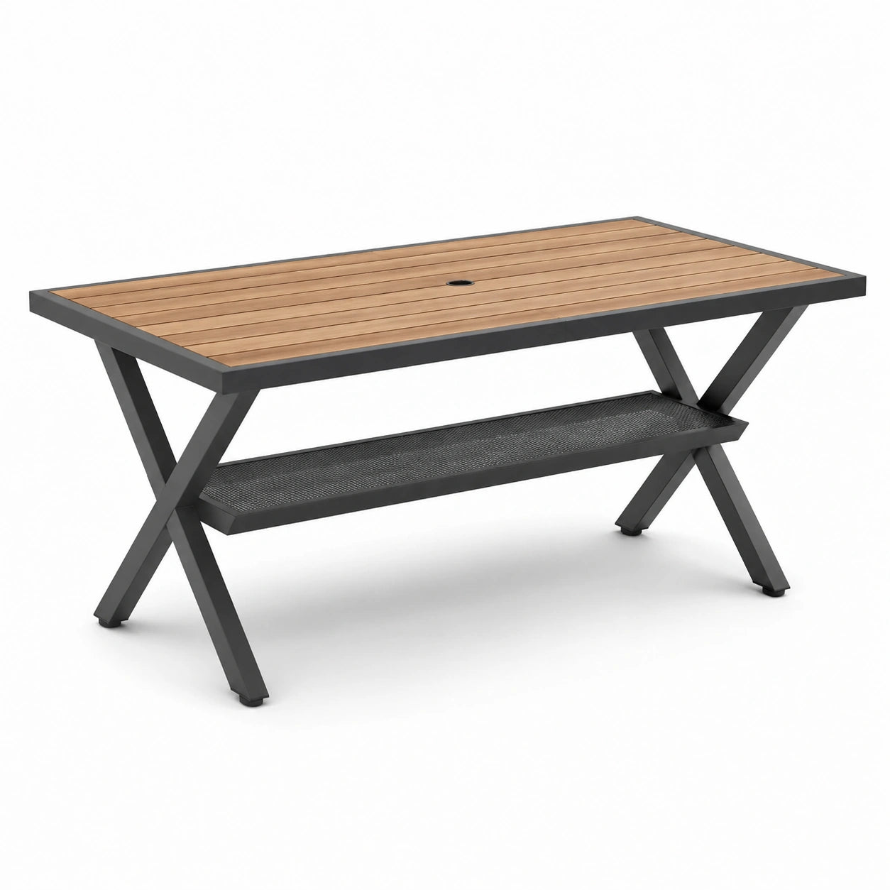 Tavolo da giardino in metallo nero con piano in legno di teak