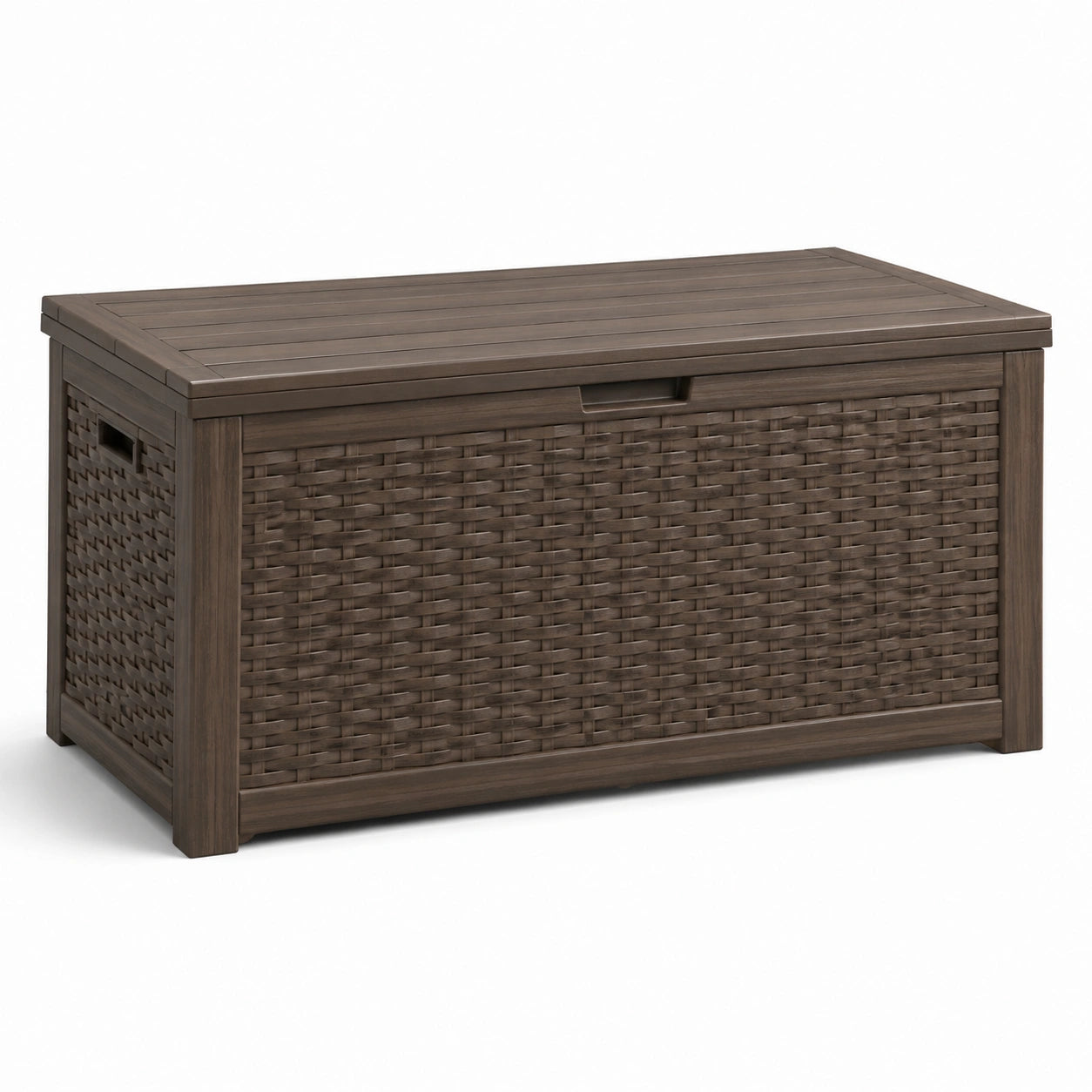 Baule da esterno in resina intrecciata marrone 120x50x60 cm con coperchio