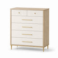 Cassettiera 5 cassetti in legno bianco e rovere con maniglie in metallo