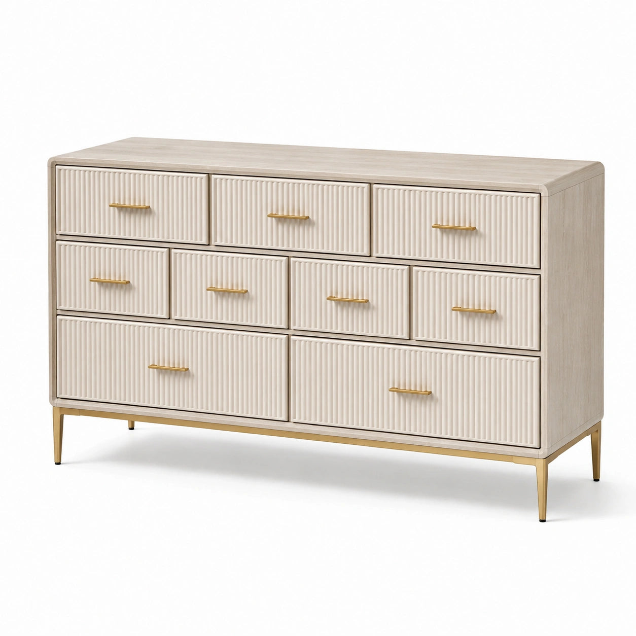 Cassettiera in Legno e Metallo Dorato, 9 Cassetti, Beige 120x40x80 cm