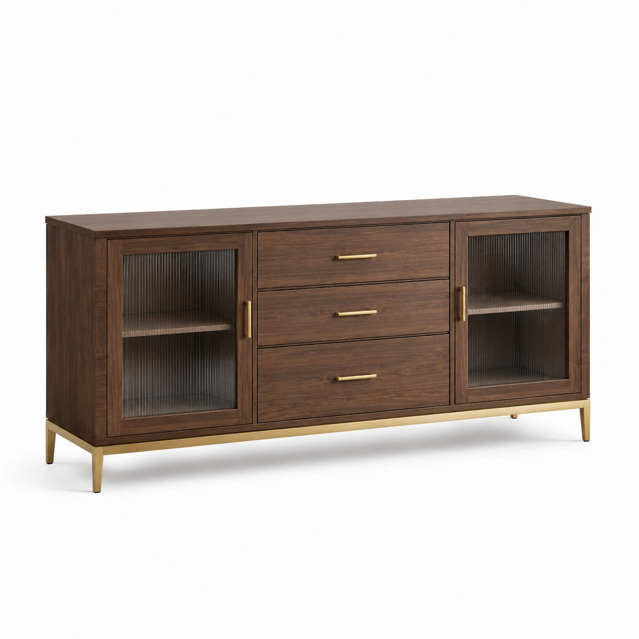 Credenza in legno con vetro rigato e dettagli dorati