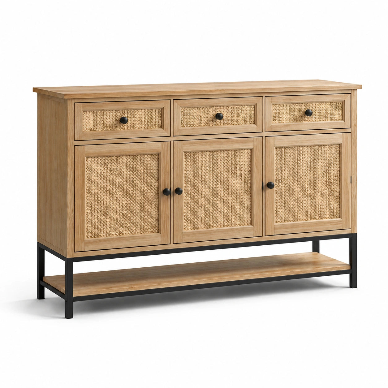 Credenza in Legno con Ante in Rattan e Struttura in Metallo, Naturale e Nero