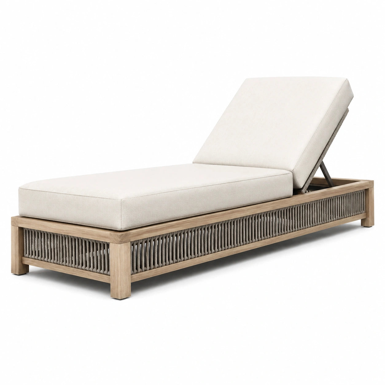 Lettino prendisole in legno teak con cuscini regolabili in poliestere beige