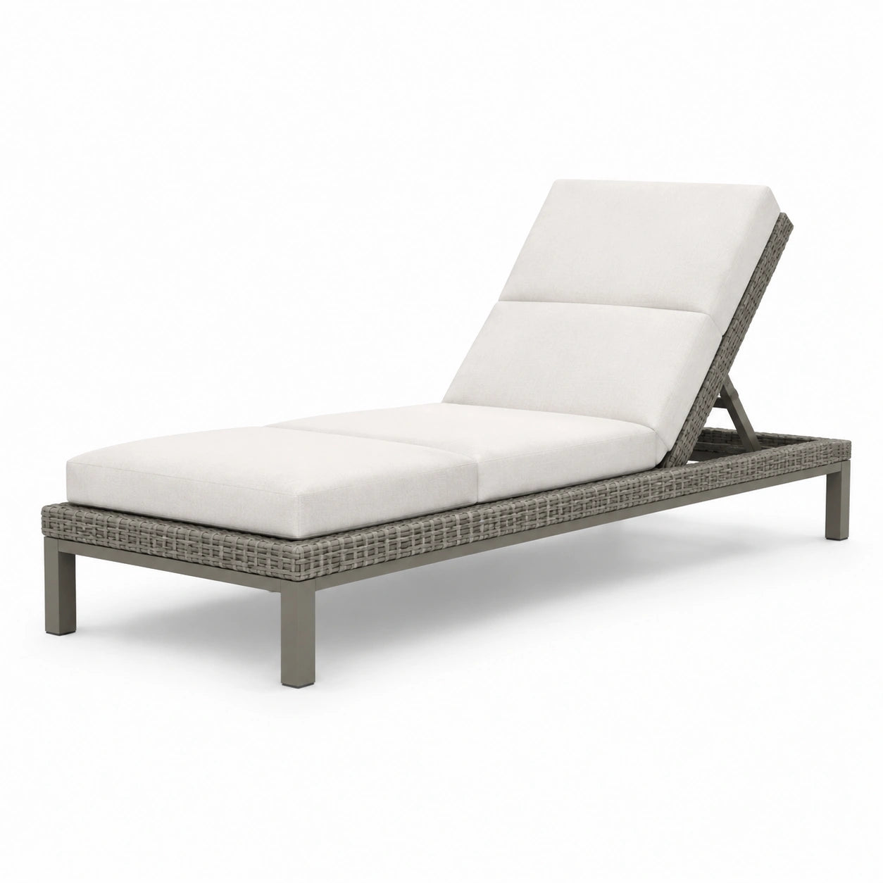 Lettino prendisole in rattan sintetico regolabile grigio con cuscini bianchi
