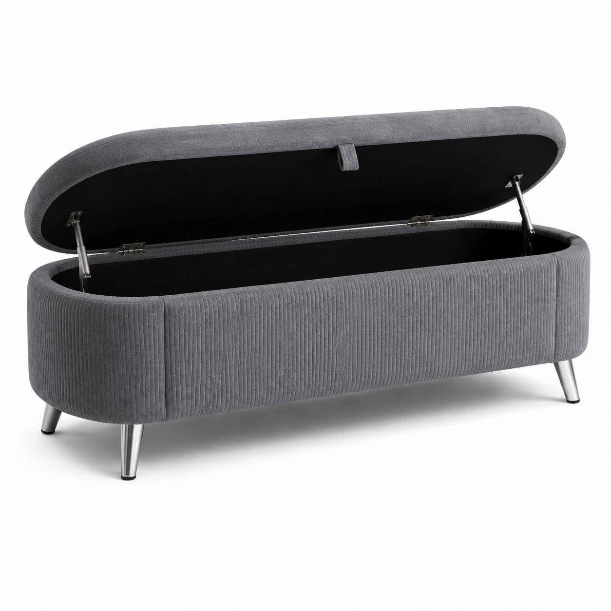Panca contenitore in velluto a coste grigio con gambe in metallo 120x40x45 cm
