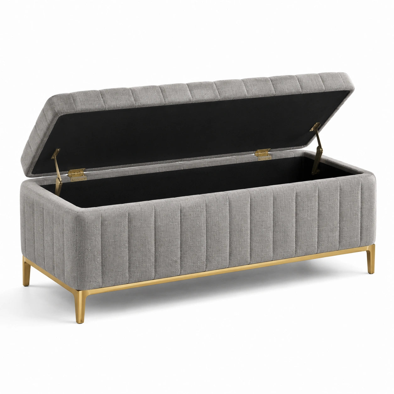 Panca contenitore in tessuto di lino e metallo dorato grigio 120x45x45 cm