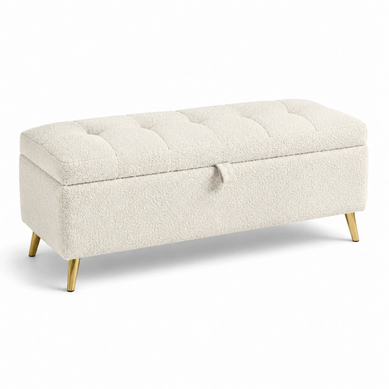 Panca contenitore in tessuto bouclé crema con gambe in metallo dorato