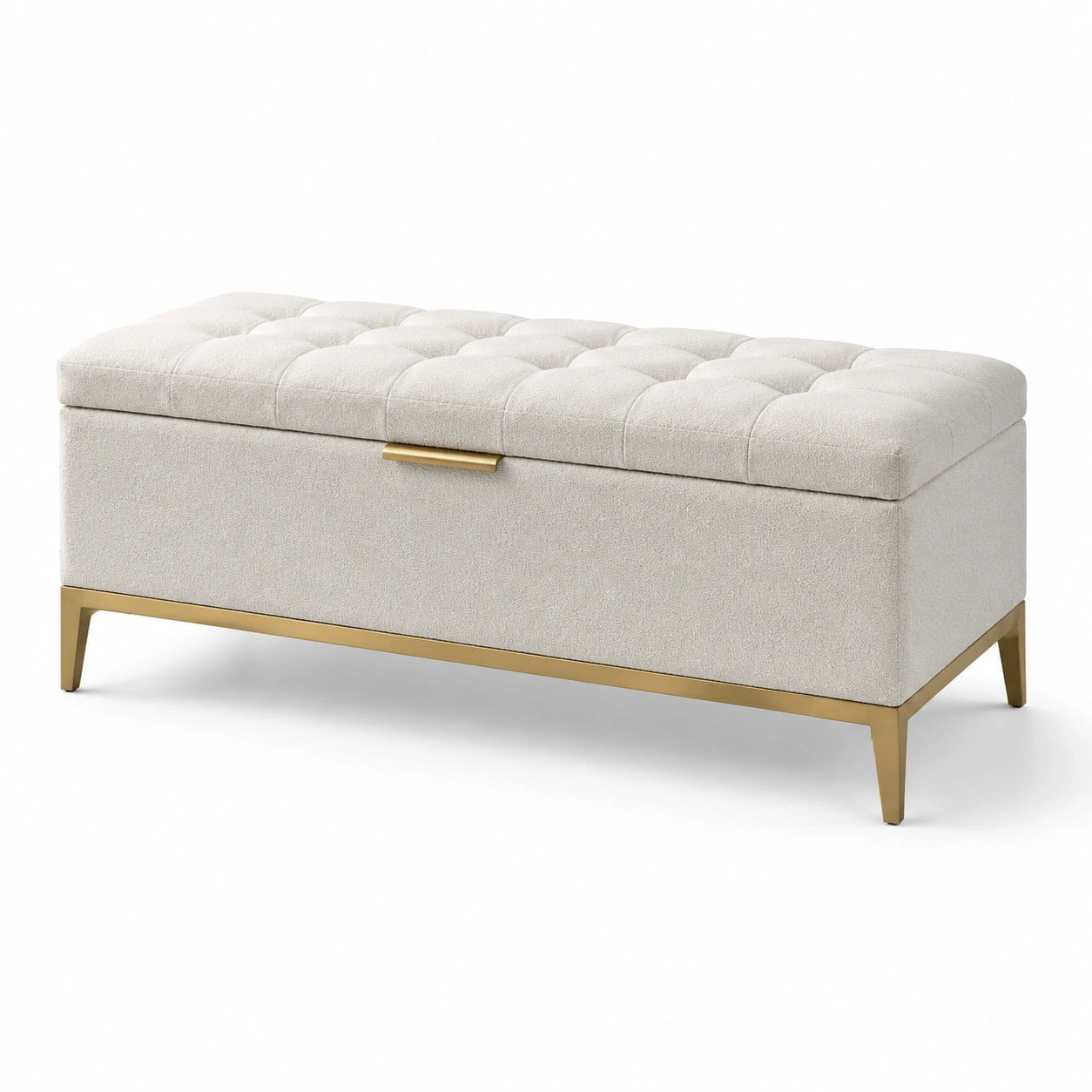 Panca contenitore in tessuto beige con gambe dorate