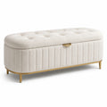 Panca contenitore in bouclé con gambe in metallo dorato, 120x40x45 cm Beige