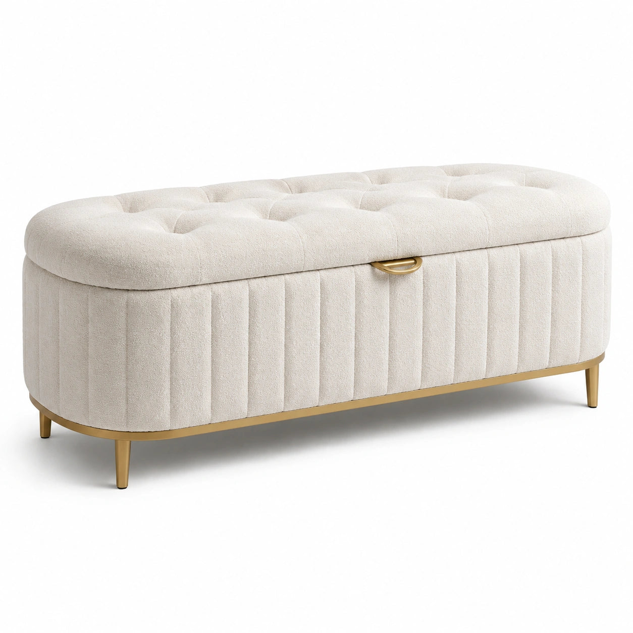 Panca contenitore in bouclé con gambe in metallo dorato, 120x40x45 cm Beige